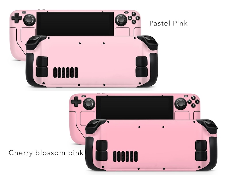 May include: Two pink handheld gaming consoles with black buttons and a screen. The top console is labelled "Pastel Pink" and the bottom console is labelled "Cherry blossom pink".