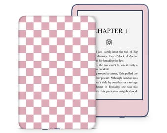 May include: A pink and white checkered pattern on a Kindle e-reader case. The e-reader screen displays the text "CHAPTER 1" and a short excerpt from a book.