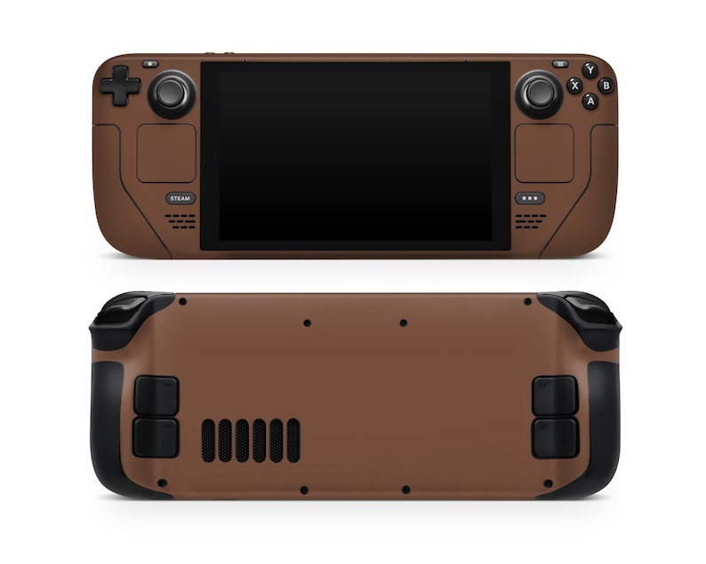May include: A brown handheld gaming device with a black screen, buttons, and joysticks. The device has a textured brown finish and a black trim. The device is shown from the front and back.