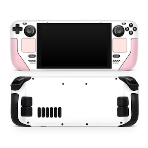 May include: A white and pink handheld gaming console with black buttons and a black screen. The console has a pink accent on the left and right sides. The back of the console is white with black buttons.