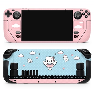 May include: Pink and blue Nintendo Switch console skin with a cute cartoon angel cat design. The skin features a white cat with wings, hearts, and clouds on a blue background with white polka dots.