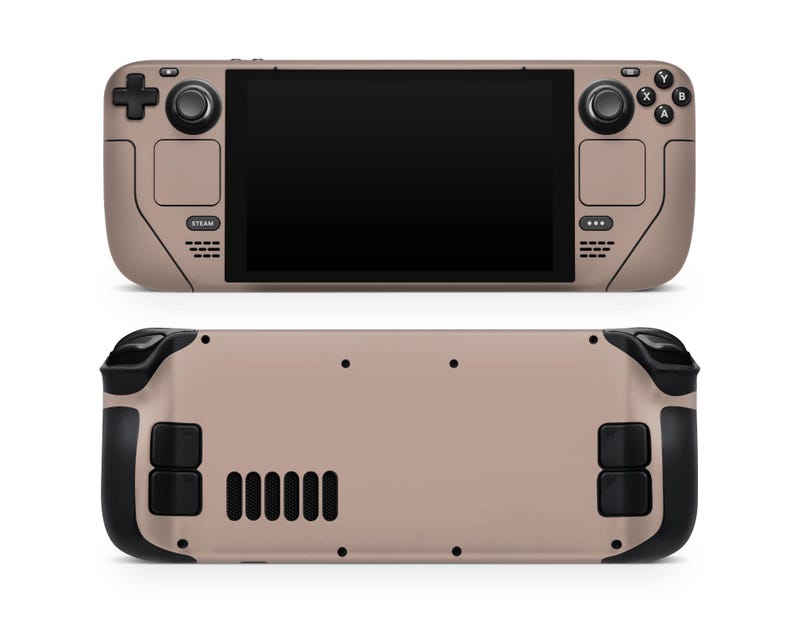 May include: A beige handheld gaming device with black buttons and a black screen. The device has a textured surface and a Steam logo on the front.