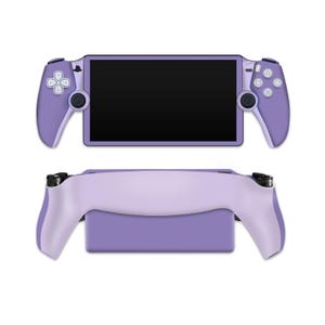 May include: A lavender purple handheld gaming console with a detachable controller. The console has a large screen and a sleek design.