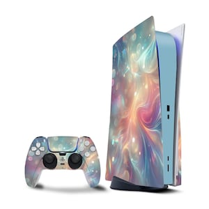 May include: A blue and white PlayStation 5 console with a colorful abstract design. The console is open and the disc drive is visible. A matching controller with the same design is also shown.