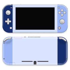 May include: A blue and light blue Nintendo Switch console with a white screen. The console is in a closed position.