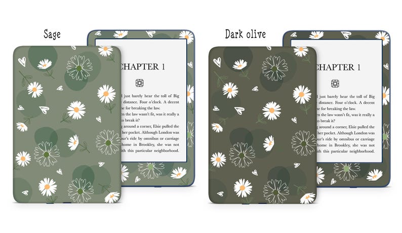 May include: Two Kindle Paperwhite e-reader covers with a daisy and circle pattern. The cover on the left is sage green and the cover on the right is dark olive green. The text "CHAPTER 1" is visible on the e-reader screen.
