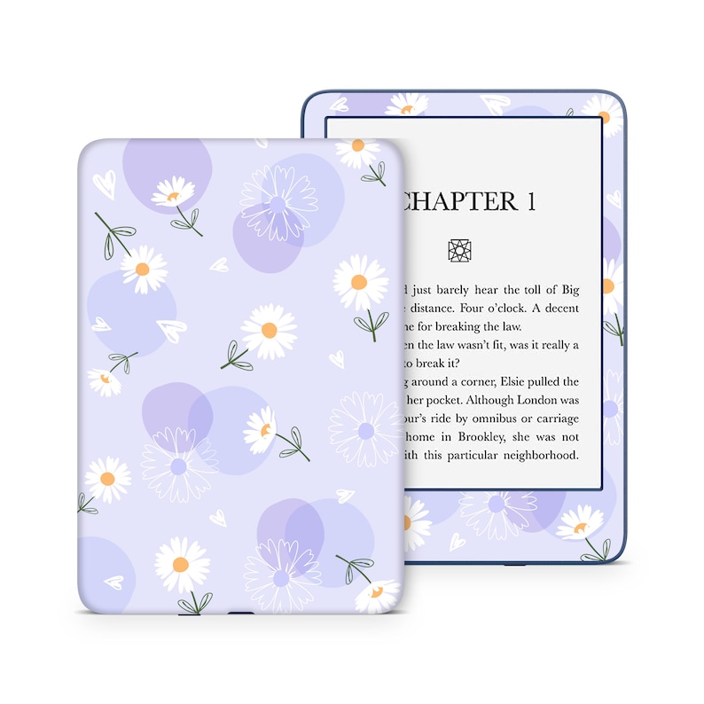 May include: A purple and white floral patterned e-reader case with a white e-reader displaying the text "CHAPTER 1" and a short excerpt from a book.
