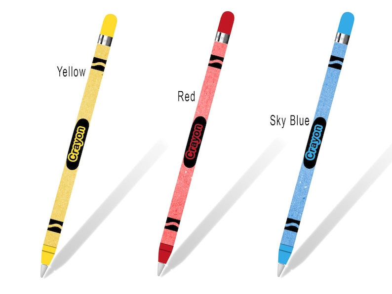 May include: Three Apple Pencil skins with a crayon design. The skins are yellow, red, and sky blue. Each skin has the word "Crayon" printed on it.