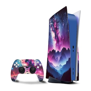 May include: A purple, pink and blue galaxy themed skin for a Playstation 5 console and controller. The console is standing upright and the controller is lying flat in front of it.
