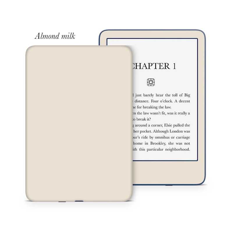 May include: A close-up of an e-reader displaying the text "CHAPTER 1" and a passage about a woman named Elsie who is walking in London. The e-reader is on a beige background.