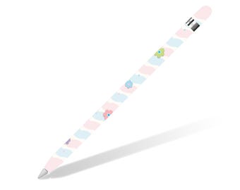 May include: A white Apple Pencil with a pink and blue striped design and small flower illustrations.
