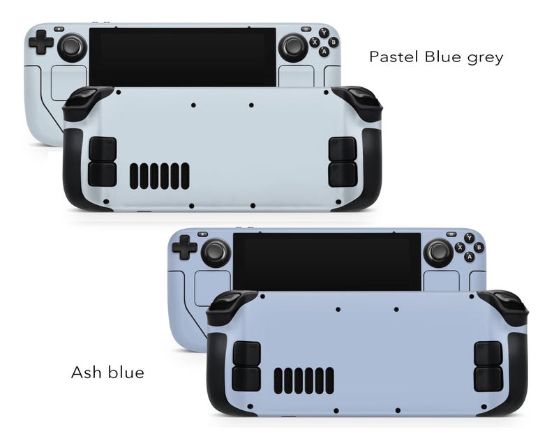 May include: Two handheld gaming devices with different colour schemes. The top device is a light blue grey colour with the text "Pastel Blue grey". The bottom device is a light blue colour with the text "Ash blue". Both devices have black buttons and a black screen.