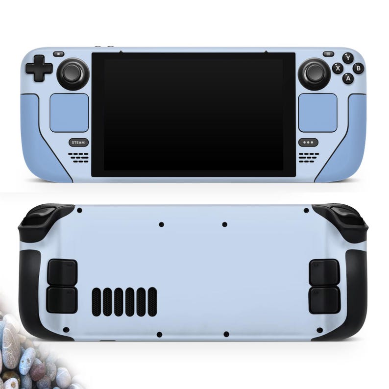 May include: A light blue handheld gaming console with a black screen and black buttons. The console has a black D-pad, analog sticks, and buttons. The word "STEAM" is printed on the front.