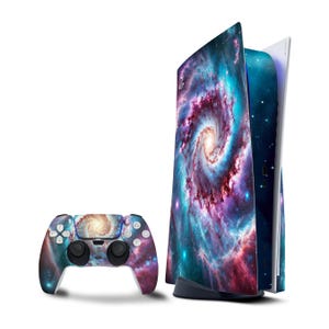 May include: A white PlayStation 5 console with a galaxy-themed skin. The console is open and the side panel is visible. The skin features a swirling nebula with shades of blue, purple, and pink. A matching galaxy-themed controller is also included.
