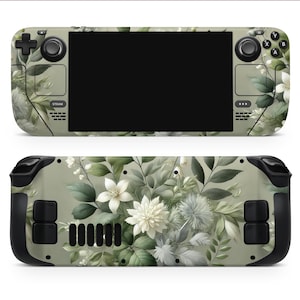 May include: A green and white floral design skin for a handheld gaming device. The skin features a floral pattern with white flowers and green leaves. The device has black buttons and a screen.