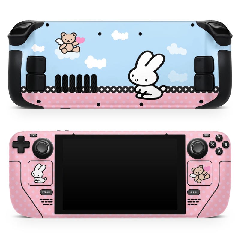 May include: Pink and blue Nintendo Switch console skin with a cute bunny and bear design. The skin features a polka dot pattern and a white bunny with a heart.