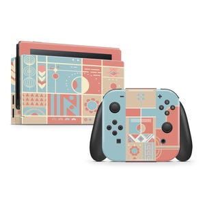 May include: A colorful geometric design Nintendo Switch console skin with a blue, pink, and beige color scheme. The skin is designed to fit both the console and the Joy-Con controllers.