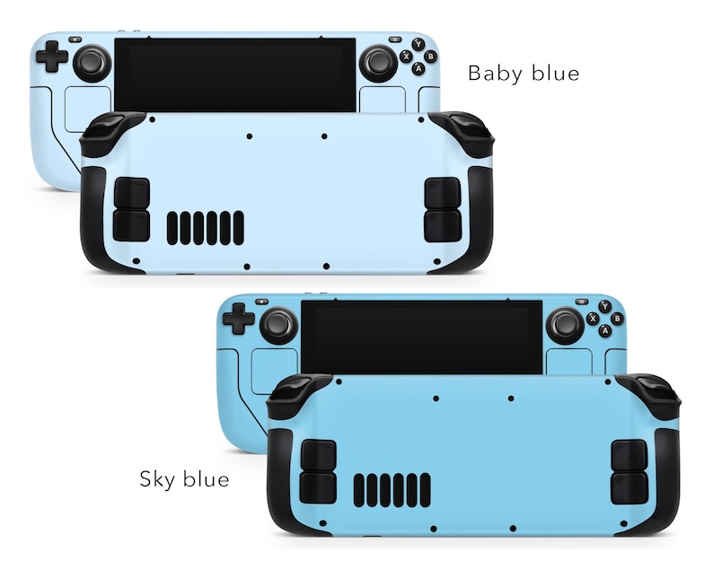 May include: Two Nintendo Switch consoles with different coloured faceplates. The top console has a baby blue faceplate and the bottom console has a sky blue faceplate. Both consoles have black buttons and a black screen.