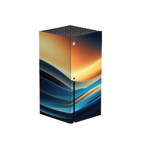 May include: A black Xbox Series X console with a custom skin featuring a blue and orange abstract design.