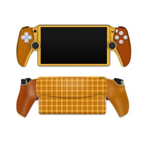 May include: A yellow and brown handheld gaming console with a black screen. The console has two detachable controllers, each with buttons and a joystick. The back of the console has a yellow and brown plaid design.