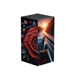 May include: A black Xbox Series X console with a custom skin featuring a red rose and a sports car driving on a winding road at sunset.