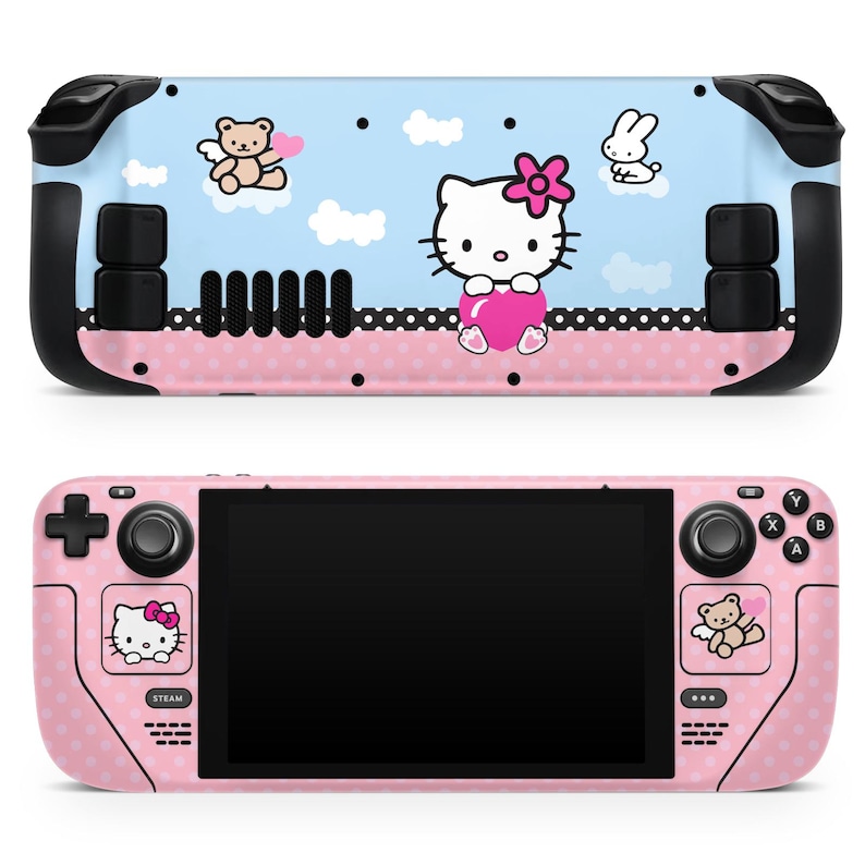 May include: Pink and blue Nintendo Switch case with a Hello Kitty design. The case features a white Hello Kitty with a pink bow and a red heart. The case also features a white teddy bear with angel wings and a white rabbit.
