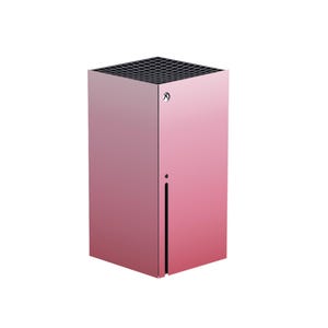 May include: A pink gradient Xbox Series X console. The console has a rectangular shape with a black top vent and a vertical black stripe on the side. The Xbox logo is visible on the top left corner.