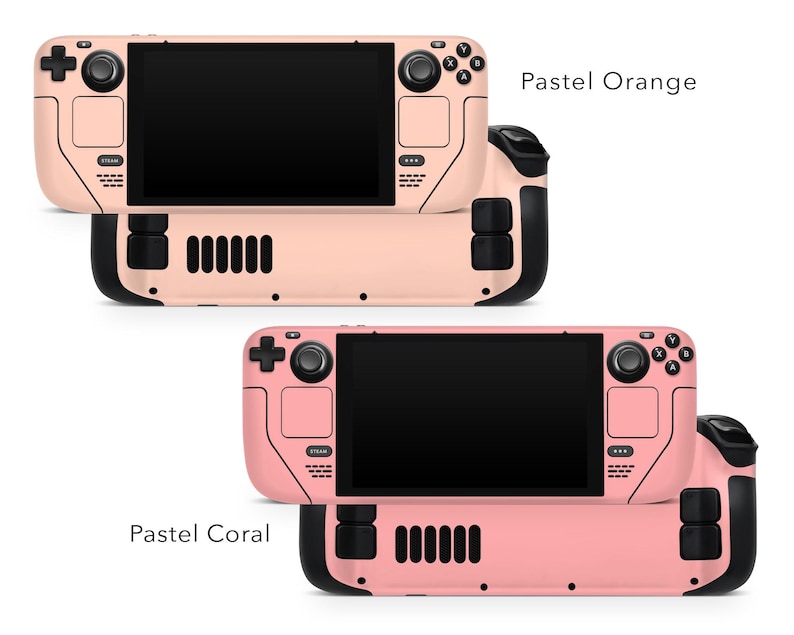 May include: Two handheld gaming consoles in pastel orange and pastel coral colours. Both consoles have black buttons and a black screen.