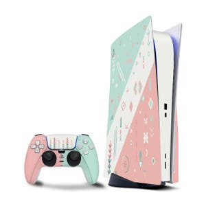 May include: A pink and green patterned skin for a PlayStation 5 console and controller. The console is white and the controller is white with a pink and green design.