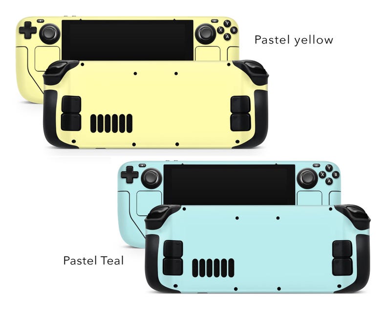 May include: Two handheld gaming consoles with different coloured faceplates. The top console has a pastel yellow faceplate and the bottom console has a pastel teal faceplate. Both consoles have black buttons and a black screen.