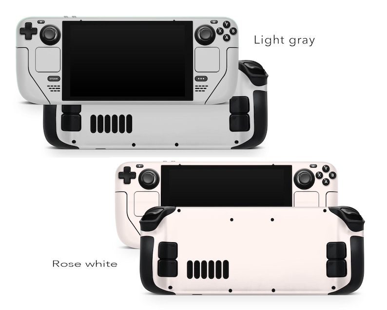 May include: Two handheld gaming devices, one in light grey and one in rose white. Both devices have a black screen, black buttons, and a black joystick. The text "Light grey" and "Rose white" is visible on the image.