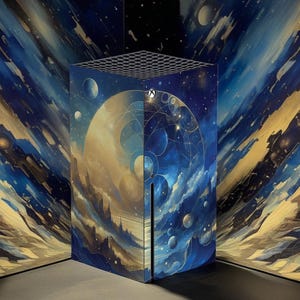 May include: A black gaming console with a custom design featuring a blue and gold celestial scene with planets, stars, and clouds.