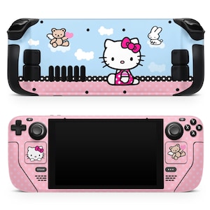 May include: Pink and blue Nintendo Switch console skin featuring Hello Kitty, a teddy bear, and a bunny. The skin has a polka dot pattern and is designed to fit the Nintendo Switch console.