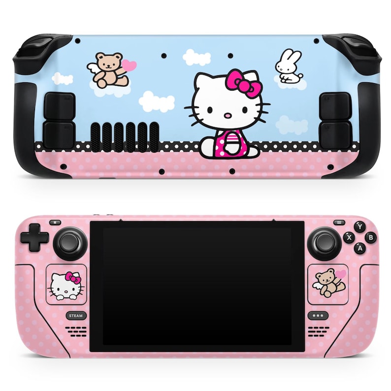 May include: Pink and blue Nintendo Switch console skin featuring Hello Kitty, a teddy bear, and a bunny. The skin has a polka dot pattern and is designed to fit the Nintendo Switch console.