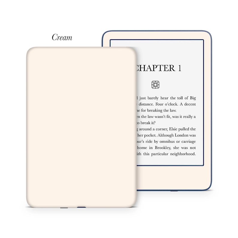 May include: A cream-colored e-reader with a black border and a blue screen displaying the text "CHAPTER 1" and a short excerpt from a book. The text on the screen reads: "I just barely hear the toll of Big distance. Four o'clock. A decent ne for breaking the law. en the law wasn't fit, was it really a to break it? around a corner, Elsie pulled the her pocket. Although London was sur's ride by omnibus or carriage home in Brookley, she was not ith this particular neighborhood."