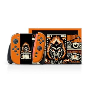 May include: Orange and black Nintendo Switch console with a matching case. The console features a graphic of a roaring lion with the word "DNA". The case has the words "WILD", "LION", "UNDERCURRENT", "IT IS A FUN LIFE", and "RESILIENCE".