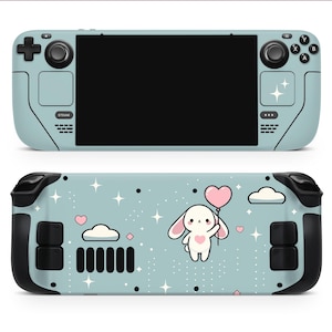 May include: A light blue and black gaming console skin with a white bunny holding a pink heart balloon, surrounded by white stars and clouds. The skin is designed for the Steam Deck.