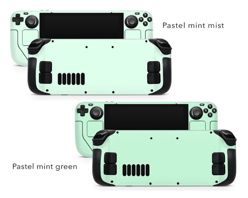 May include: Two Nintendo Switch Lite consoles with pastel green and pastel mint mist coloured shells. The consoles are shown side-by-side. The top console has a black screen and the bottom console has a black screen.