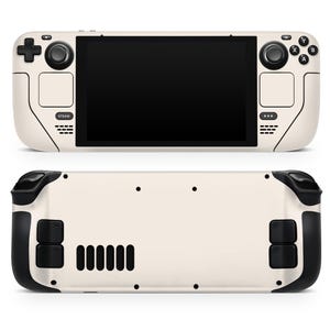 May include: A white handheld gaming console with black buttons and a black screen. The console has a textured surface and a "STEAM" logo on the front.