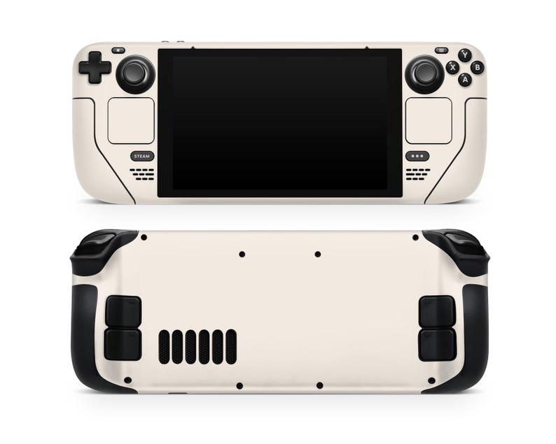 May include: A white handheld gaming console with black buttons and a black screen. The console has a textured surface and a "STEAM" logo on the front.