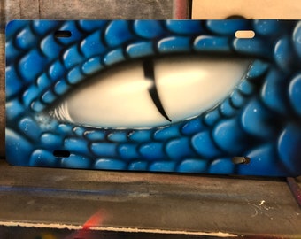 Airbrushed Metal License Plate - Blue Dragon Eye
