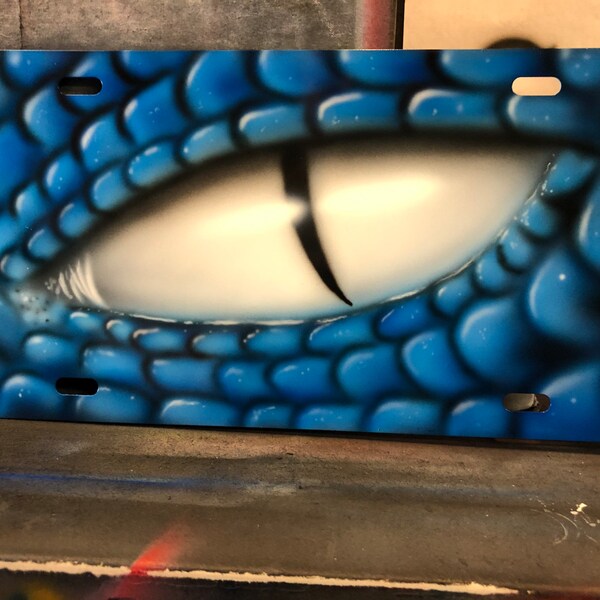 Airbrushed Metal License Plate - Blue Dragon Eye