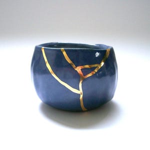 Kintsugi Inspired Small Ceramic Cup in Dark Blue- holds 7 ounces