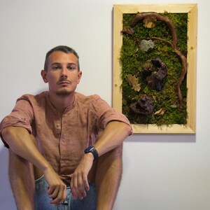 Puede incluir: Un hombre con una camisa de botones rosa claro se sienta frente a una obra de arte enmarcada. El arte presenta un marco de madera y un fondo de musgo verde con ramas secas, hojas y rocas.