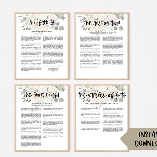 LDS PRINT SET of 4, The Restoration, The Living Christ, The Family Proclamation, The Articles of Faith | Printables | Digital Prints