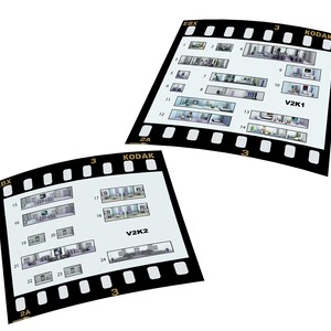 May include: A film strip with 24 images of different rooms, labeled V2K1 and V2K2. The film strip is black and white with a white background.
