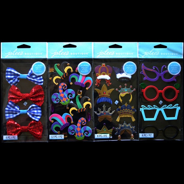JOLEES Bow Ties Glasses Crown Tiaras Joker Hats 4 Pack LOT STICKERS Colorful Disguises Fun Add Ons Embellishment Card Making Decors