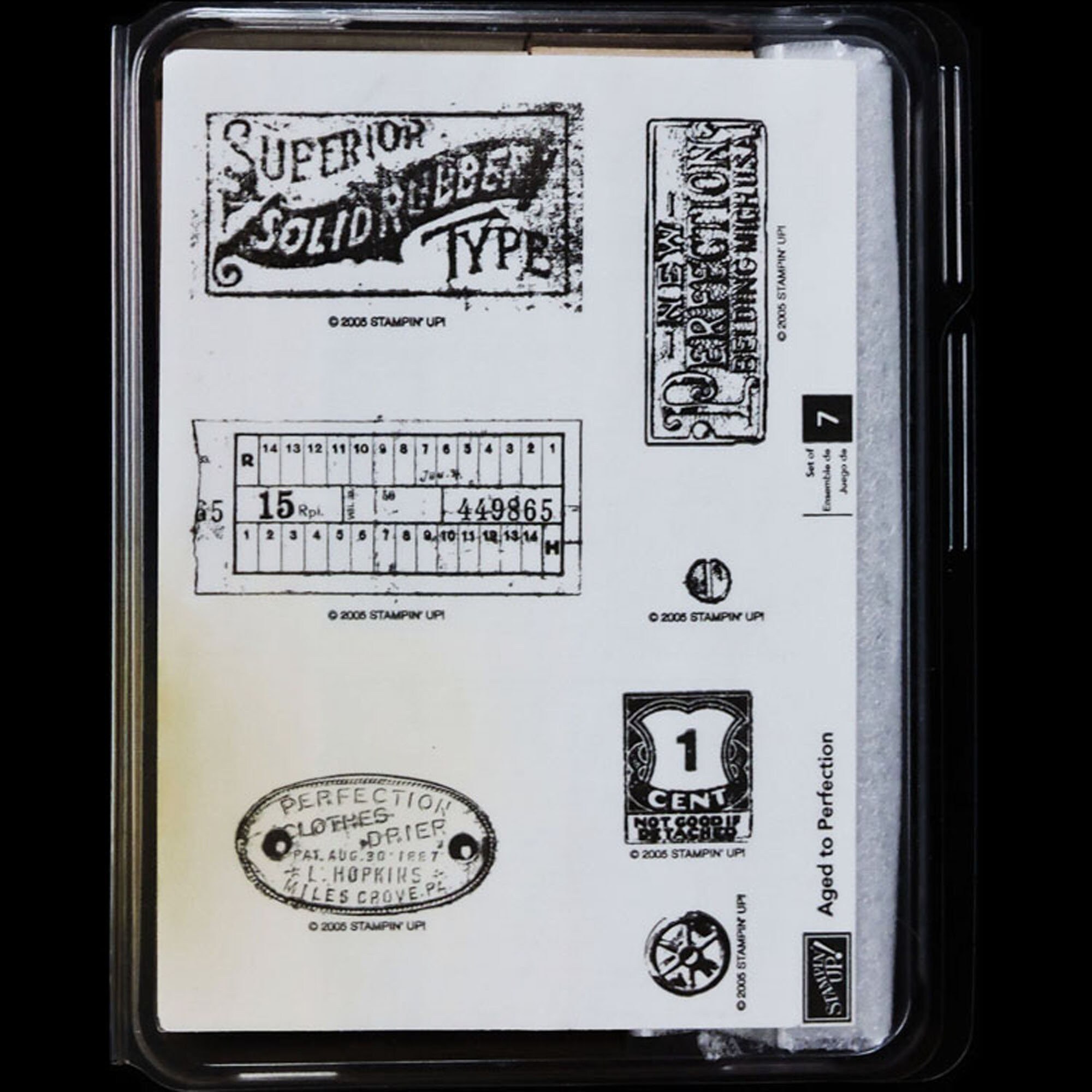 Aged to Perfection STAMPIN UP SET Rare Retired 2005 New Wood 7 Stamps and Case Vintage Old Metal Company Labels Tags Ticket Rivet Screw