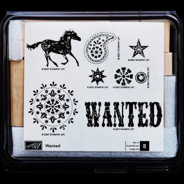 Wanted STAMPIN UP SET Rare 2007 New Unmounted Wood Block Set 8 Stamps + Case Western Theme Running Horse Paisley Spur Rowels Star Floral