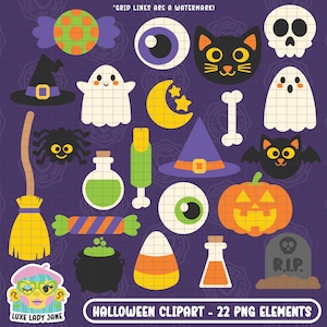Halloween Clipart PNGs | Ghost, Witch Hat and Broom, Tombstone, Candy Corn, Cauldron, Potions, Eyeball, Jack O Lantern, Instant Download